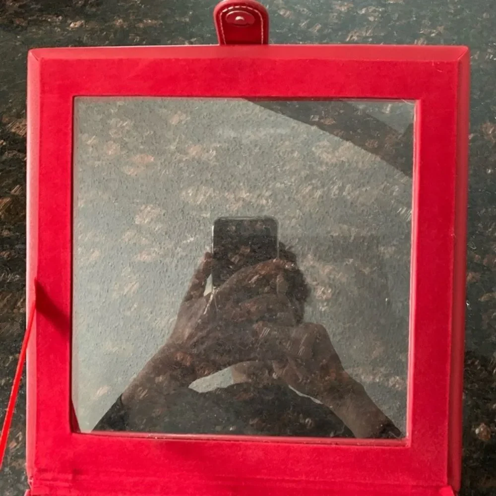 Jewelry red box, velour inside, vegan leather clear plastic screen, 9x9